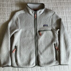 Patagonia Kids Retro X Sherpa Jacket, great shape, Gray w pink trim Size 10 M